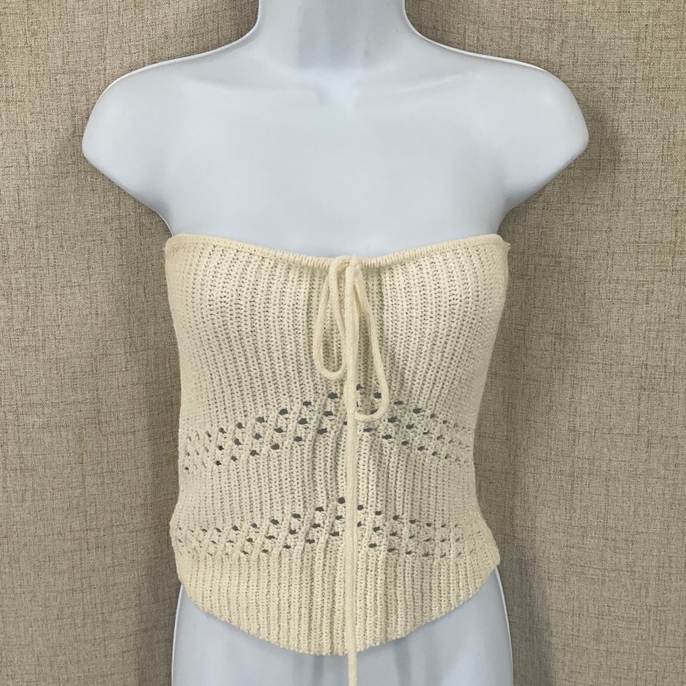 Zara Knit Tube Top Womens S Ivory Dainty Boho Coastal Strapless Crochet Fairy